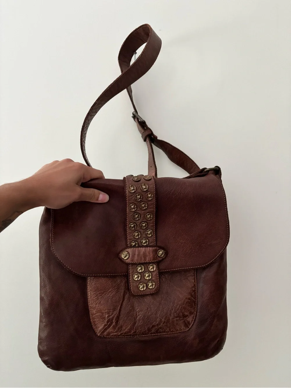 Leather Brown Crossbody Bag with Stud Detail